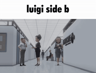 A Group Of People Standing In A Hallway With The Text Luigi Side B Above Them GIF