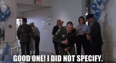 A Group Of People Standing In A Hallway With The Words " Good One I Did Not Specify " GIF