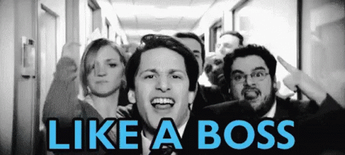A Group Of People Standing In A Hallway With The Words Like A Boss In Blue GIF