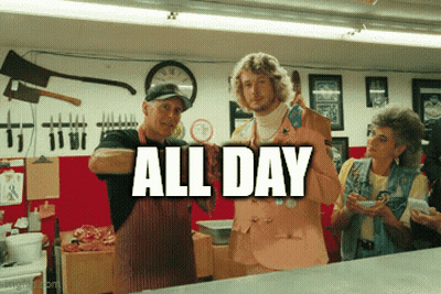 A Group Of People Standing In A Room With The Words All Day On The Bottom GIF