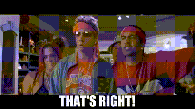 A Group Of People Standing In A Room With The Words That 'S Right Written On The Bottom GIF