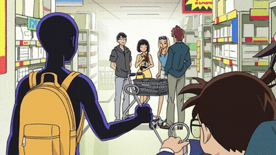 A Group Of People Standing In A Store With A Sign That Says ' I Love ' On It GIF