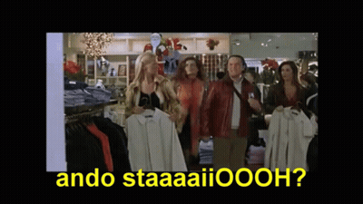 A Group Of People Standing In A Store With The Words " Ando Staaaaiioooh " On The Bottom GIF