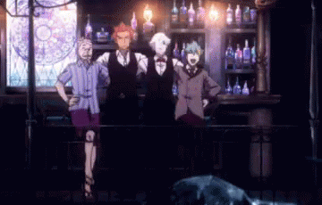 A Group Of People Standing In Front Of A Bar With Bottles On The Shelves . GIF