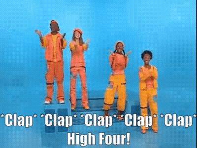 A Group Of People Standing In Front Of A Blue Background With The Words Clap Clap Clap High Four Written Above Them GIF