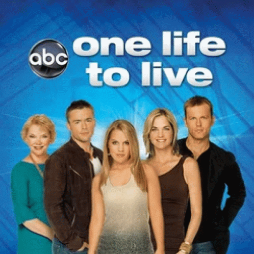 A Group Of People Standing In Front Of A Blue Background With The Words One Life To Live On It GIF