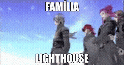 A Group Of People Standing In Front Of A Blue Sky With The Words Familia Lighthouse GIF