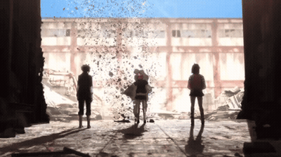 A Group Of People Standing In Front Of A Building With A Large Explosion In The Background GIF