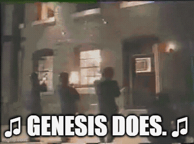A Group Of People Standing In Front Of A Building With The Words " Genesis Does " On The Bottom GIF
