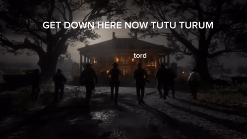 A Group Of People Standing In Front Of A Building With The Words " Get Down Here Now Tutu Turun " GIF