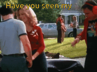 A Group Of People Standing In Front Of A Car With The Words " Have You Seen My " Written Above Them GIF