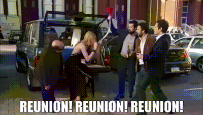 A Group Of People Standing In Front Of A Car With The Words Reunion ! Reunion ! Reunion ! Written On The Bottom GIF