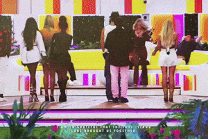 A Group Of People Standing In Front Of A Colorful Building With The Words " Wonderful That These Scars Brought Us Togeth GIF
