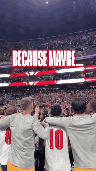 A Group Of People Standing In Front Of A Crowd With The Words Because Maybe Written On The Top GIF