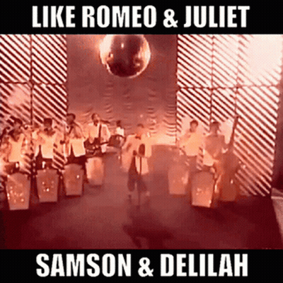 A Group Of People Standing In Front Of A Disco Ball With The Words Like Romeo & Juliet Samson & Delilah At The Bottom GIF
