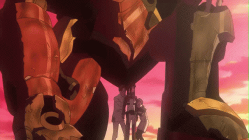 A Group Of People Standing In Front Of A Giant Robot With A Pink Sky Behind Them GIF