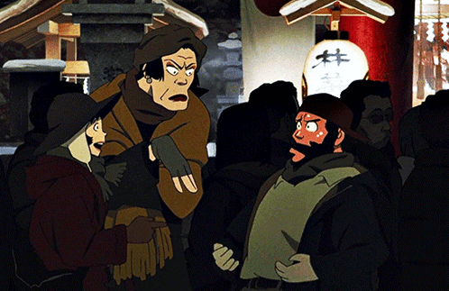 A Group Of People Standing In Front Of A Lantern With Chinese Characters GIF