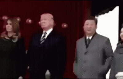 A Group Of People Standing In Front Of A Red Curtain Including Donald Trump And Xi Jinping GIF
