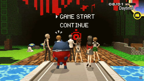 A Group Of People Standing In Front Of A Screen That Says " Game Start Continue " GIF