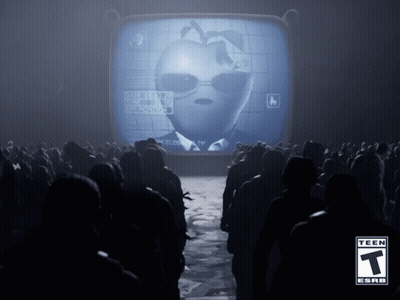 A Group Of People Standing In Front Of A Screen That Says ' Tech Esrb ' GIF