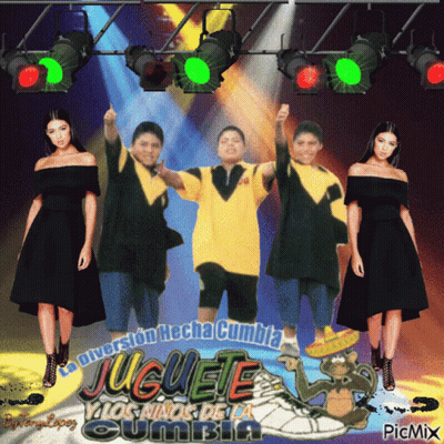 A Group Of People Standing In Front Of A Sign That Says Juguete GIF