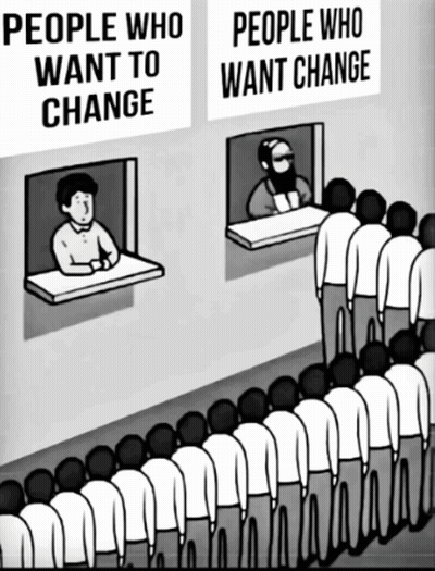 A Group Of People Standing In Front Of A Sign That Says People Who Want To Change GIF