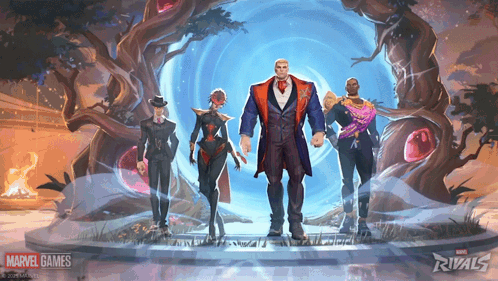 A Group Of People Standing In Front Of A Tree With A Marvel Games Logo GIF