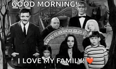 A Group Of People Standing Next To Each Other In A Black And White Photo With The Words `` Good Morning ! '' GIF
