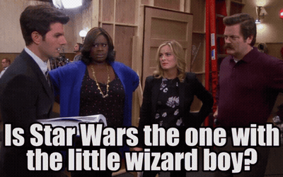 A Group Of People Standing Next To Each Other With The Caption " Is Star Wars The One With The Little Wizard Boy ? " GIF
