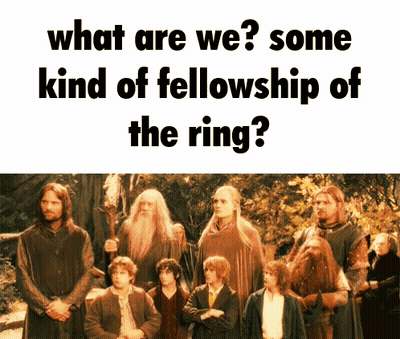 A Group Of People Standing Next To Each Other With The Caption " What Are We Some Kind Of Fellowship Of The Ring " GIF