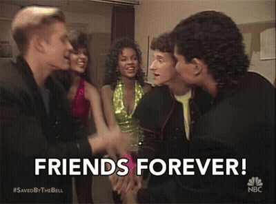 A Group Of People Standing Next To Each Other With The Words Friends Forever Written On The Bottom GIF