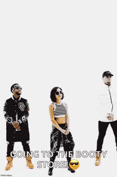A Group Of People Standing Next To Each Other With The Words Going To The Booty Store On The Bottom GIF