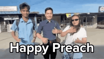 A Group Of People Standing Next To Each Other With The Words `` Happy Preach '' Written On The Bottom . GIF
