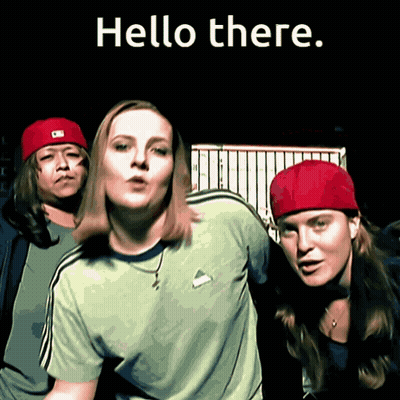 A Group Of People Standing Next To Each Other With The Words Hello There Written Above Them GIF