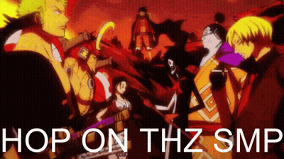 A Group Of People Standing Next To Each Other With The Words Hop On Thz Smp GIF