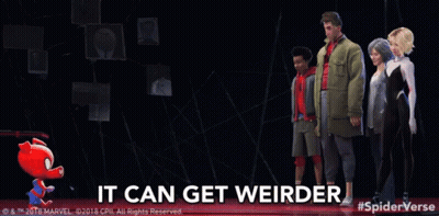 A Group Of People Standing Next To Each Other With The Words " It Can Get Weirder " On The Bottom GIF