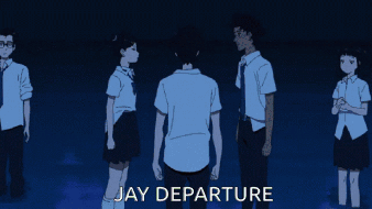 A Group Of People Standing Next To Each Other With The Words Jay Departure Written On The Bottom GIF
