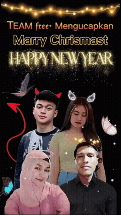 A Group Of People Standing Next To Each Other With The Words Marry Chrismast Happy New Year Above Them GIF