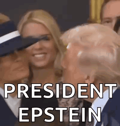 A Group Of People Standing Next To Each Other With The Words President Epstein Written On Them . GIF