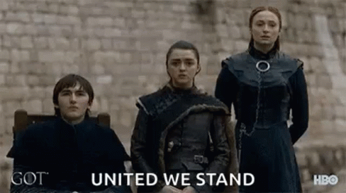 A Group Of People Standing Next To Each Other With The Words `` United We Stand '' Written On The Screen . GIF