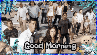A Group Of People Standing On A Beach With The Words " Good Morning " On The Bottom GIF