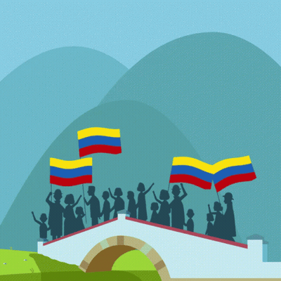 A Group Of People Standing On A Bridge Holding Flags With The Word Batall Below Them GIF