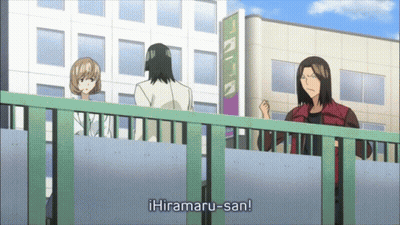 A Group Of People Standing On A Bridge With Hiramaru-San Written In The Corner GIF
