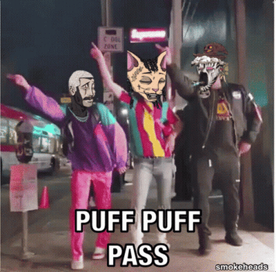 A Group Of People Standing On A Sidewalk With Puff Puff Pass On The Bottom GIF