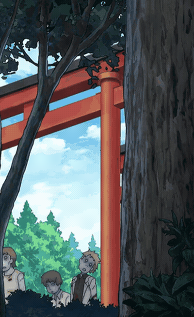 A Group Of People Standing Under A Torii Gate In A Forest GIF