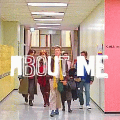 A Group Of People Walking Down A Hallway With The Words About Me Written On The Wall GIF
