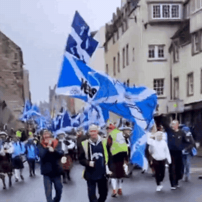A Group Of People Walking Down A Street Holding Flags . GIF