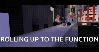 A Group Of People Walking Down A Street With The Words Rolling Up To The Function Above Them GIF