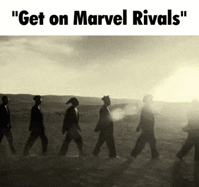 A Group Of People Walking In A Line With The Words " Get On Marvel Rivals " On The Top GIF