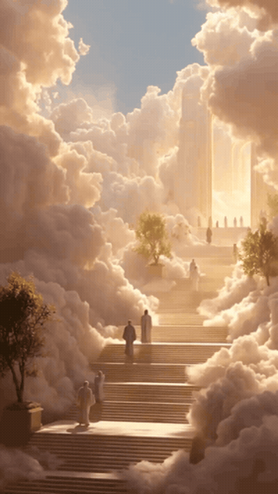A Group Of People Walking Up A Set Of Stairs Surrounded By Clouds GIF
